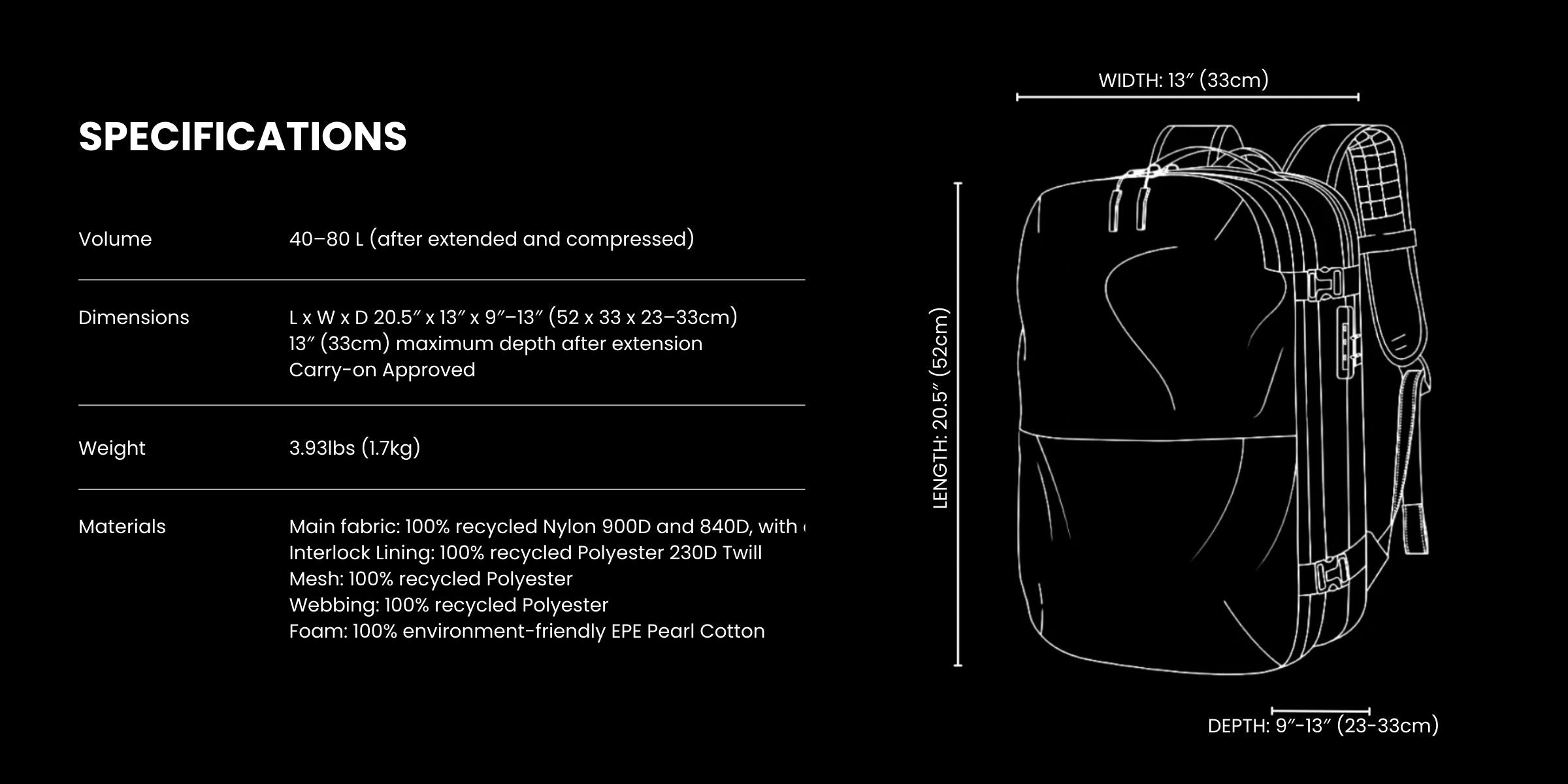 megaback vacuum seal backpack dimensions